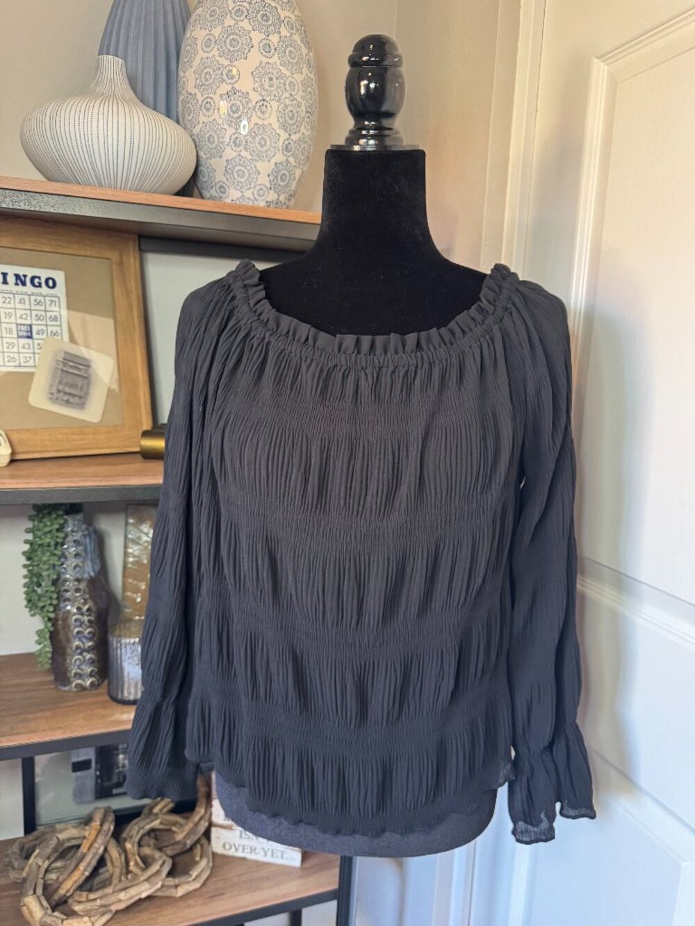 C+D+M Black Gauzy Smocked Long Sleeve Top - Size L